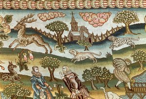 Der Bradford-Teppich, Detail von Hunden, die einen Hirsch jagen, auf Leinen gestickt, Englisch, spätes 16. Jahrhundert von Unbekannt