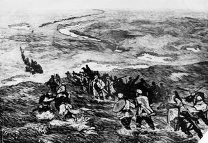 Die chinesische Rote Armee durchquert das Sumpfland. Ein Holzschnitt von Li Huan-min. Die Rote Armee überquert 1935 einen Sumpf von Unbekannt