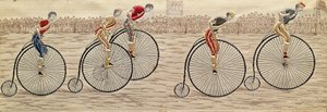 Die letzte Runde, Penny Farthing Rennen gewebte Seide Stevengraph, von Thomas Stevens aus Coventry von Unbekannter Künstler
