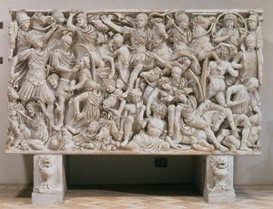 Der Ludovisi-Sarkophag mit Hochreliefdarstellung der Römer im Kampf gegen die Barbaren, 250-80 n. Chr.