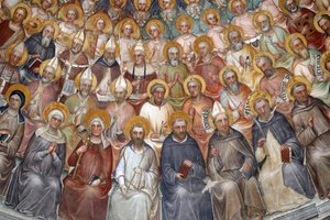 Das Baptisterium von Padua. Deckenfresken 14. Jahrhundert von Giusto de Menabuoi. Das Paradies. Segnender Christus mit Patriarchen, Propheten und Heiligen. Detail. Padua, Italien. (Foto) von Unbekannt