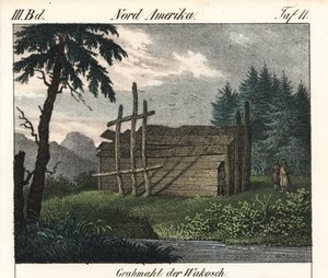 Das Holztotenmal der Wakashan-Indianer (Kanada). Lithographie aus dem Buch: „Galerie complète en tableaux fidèles des peuples d