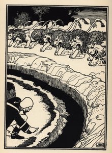 Der Baron verteidigt sich gegen den Angriff von Löwen, indem er Schießpulver anzündet. Illustration von William Strang (1859-1921) und JB Clark aus „Die Abenteuer des Baron von Münchhausen“ von Rudolf Erich Raspe (1736-1794) (1789)