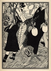 Der Baron entdeckt die großen Vögel und Braten auf den Bäumen in den Vereinigten Staaten. Illustration von William Strang (1859-1921) und JB Clark aus „Die Abenteuer des Barons von Münchhausen“ von Rudolf Erich Raspe (1736-1794) (1789)
