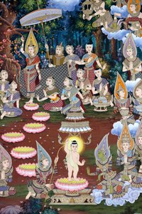 Die Geburt des Säuglings Siddhartha, Wandfresko, Wat Maniratanaram Kloster, Phnom Penh, 2022 (Foto) von Unbekannter Künstler