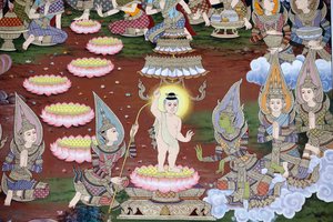 Die Geburt des Säuglings Siddhartha, Wandfresko, Wat Maniratanaram Kloster, Phnom Penh, 2022 von Unbekannter Künstler