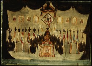 Der Leichnam von Horatio Nelson (1758-1805) ruht in der bemalten Halle des ehemaligen Royal Naval College in Greenwich während der Beerdigung am dritten Tag, das schwarze Tuch, das den Sarg bedeckt, wird entfernt, und Wachen in schwarzer Kleidung stehen au von Unbekannter Künstler