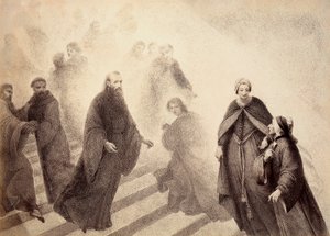 Der kontemplative Geist von Peter Damian steigt von einer goldenen Leiter herab und bewegt sich auf Dante zu. Illustration von Canto XVI in Paradiso der Göttlichen Komödie von Dante Alighieri. Werk von Francesco Scaramuzza, gewidmet der Gemeinde Florenz. von Unbekannter Künstler
