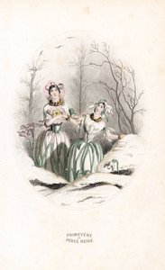 Die Feen durchbohren Schnee und Primeln in einer verschneiten Landschaft - Radierung von Charles Geoffroy nach einer Illustration von Jean Ignace Isidore Gerard dit J.J.Granville für Les fleurs animées