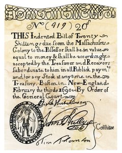Die erste amerikanische Banknote im Wert von 20 Schilling, ausgegeben vom General Court der Boston Colony (Massachusetts, USA) im Jahr 1690. Kupferstich, 19. Jahrhundert von Unbekannter Künstler
