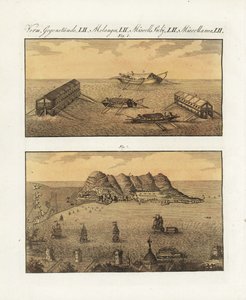 Die schwimmenden Batterien der britischen Armee in Gibraltar im Jahr 1782. Eine 210-Kanonen-Barke auf zwei Ebenen und eine weitere einstöckige Barke, entworfen vom französischen Ingenieur Arcon, um die Stadt zu bombardieren. Die schwimmenden Batterien der 