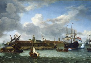 Die Insel Onrust vor der Küste von Batavia (heute Jakarta, Indonesien), ausgestattet mit allen notwendigen Infrastrukturen für kommerzielle Aktivitäten und die Wartung der Schiffe der Niederländischen Ostindien-Kompanie von Unbekannter Künstler