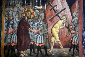 Die Passion Christi Simon trägt das Kreuz Byzantinisches Fresko aus dem Agios Ioannis Lampadistis Kloster, Heiliger Johannes Lampadistis 11. Jahrhundert Zypern Bemalte Kirchen UNESCO-Stätte Troodos, Zypern von Unbekannt