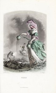 Die Mohnfee streut Mohnkapseln auf Käfer und Heuschrecken - Radierung von Charles Geoffroy nach einer Illustration von Jean Ignace Isidore Gerard dit J.J.Granville für Les fleurs animées