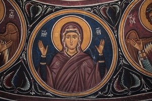 Die Jungfrau Maria Medaillon um Christus und das Jüngste Gericht (Detail) des byzantinischen Freskos aus dem Narthexgewölbe der Kirche von Asinou, Jüngstes Gericht Szene, 14. Jahrhundert (1332) UNESCO-Weltkulturerbe, Troodos-Region, Zypern