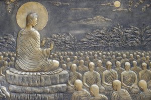 Tinh Xa Ngoc Chau buddhistischer Tempel, Das Leben des Buddha, Siddhartha Gautama, Buddha mit Jüngern, lehrend, Der Buddha ermahnte seine ersten sechzig Arahant-Jünger, in verschiedene Richtungen zu gehen, um die Lehre zu predigen, Chau Doc, Vietnam, 2018  von Unbekannt