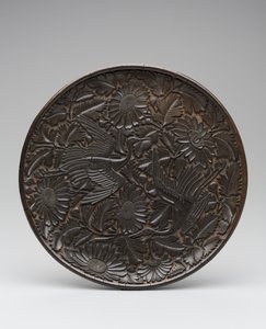 Tablett mit Kranichen und Chrysanthemen von Unbekannt