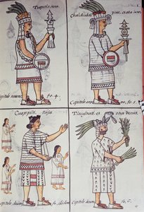 Tzapotlatena, Chalchiuhtlatonal, Cioapipitli und Tliltecuhtli, Florentiner Kodex, zweisprachige Version in Spanisch und Nahuatl, Allgemeine Geschichte der Dinge von Neuspanien