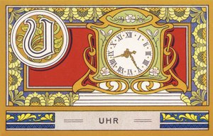 U : Uhr - Alphabet Palmin. Serie von Chromolithographien herausgegeben von H. Schlinck & Cie, Hamburg. Werbung für Palmin feinstes Kokosfett. von Unbekannter Künstler