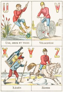 U V X Y Z ; U : Eins, zwei und drei ; V : Veloziped ; X : Xeres ; Z : Zephir - Spiele-Alphabet, ca. 1890 (Gravur) von Unbekannt
