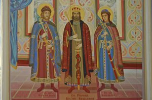 Ukraine, Kiew, St. Michaels Orthodoxes Kloster (ursprünglich 1108, rekonstruiert 2001), äußeres Fresko
