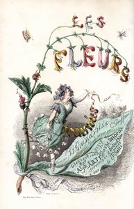 Eine Blumenfee sitzt auf einem Blatt und hält ein Band (Titelseite) - Radierung von Charles Geoffroy nach einer Illustration von Jean Ignace Isidore Gerard dit J.J.Granville für Les fleurs animées von Unbekannter Künstler