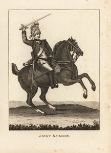 Uniform der leichten Dragoner-Kavallerie, mit Schwert, Muskete und Helm