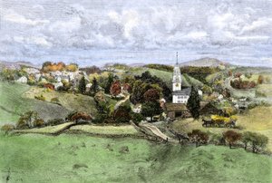 Vereinigte Staaten, Staat New Hampshire: Dorf New Boston, New Hampshire um 1800. Farbiger Stich des 19. Jahrhunderts