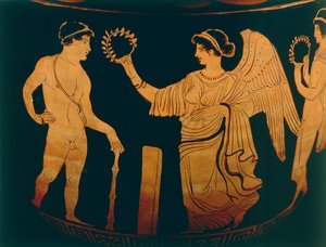 Vase, Dekoration zeigt einen Athleten, der mit einem Olivenzweig gekrönt wird, Detail von Unbekannter Künstler