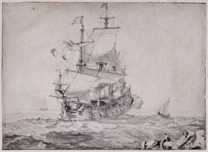 Schiffe auf See, die die Kanone abfeuern - Zeichnung von Pierre Puget (1620-1694) 17. Jahrhundert