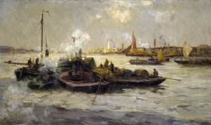 Ansicht von Limehouse, England, mit einer Beschreibung der Industrialisierung der Themse am Ende der viktorianischen Ära (spätes 19. Jahrhundert) und von Schleppern, Kuttern und Lastkähnen, im Hintergrund der Weiße Turm von St. George. von Unbekannter Künstler
