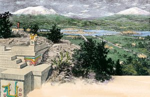 Ansicht der Stadt Tenochtitlan (oder Mexiko-Tenochtitlan), wie sie auf der Insel im Texoco-See war, als sie die Hauptstadt des Aztekenreiches war, vor 1521 - Kolorierte Gravur von Unbekannter Künstler