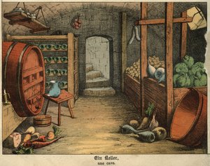 Ansicht des Inneren eines Kellers, der sowohl zur Aufbewahrung von Wein als auch von Gemüse und Wurstwaren genutzt wird. Tafel aus einem deutsch-französischen Kinderwörterbuch