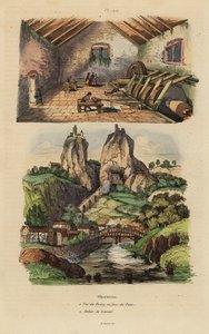 Ansicht der Stadt, Brücke und Felsenkirche in Oberstein 1, und Ansicht der Achat- und Jaspis-Edelsteinpoliermühle 2