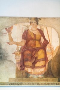 Wandfresko, das eine sitzende Venus darstellt, integriert als Rom, sogenannte Barberini-Göttin, erstes Viertel des vierten Jahrhunderts n. Chr. aus Rom, Nationalmuseum von Rom (Museo Nazionale Romano), Rom, Italien