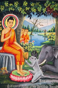 Wandmalerei in Wat Pitchey Udong: Szene aus dem Leben des Buddha, Buddha wird von einem Affen gefüttert, während er fastet, Kampot, Kambodscha von Unbekannt