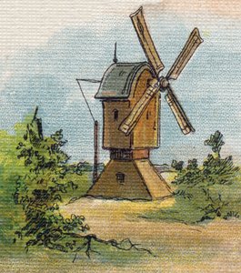 Windmühle. Gravur in "Alphabet de ma petite fille". Bernardin-Bechet und Fils, Buchhändler-Verleger, Paris, um 1895.