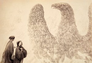 Innerhalb der Sphäre des Jupiters sieht Dante die seligen Geister, die sich in Form eines Adlers, Symbol des Reiches, anordnen. Illustration von Canto XVIII in Paradiso der Göttlichen Komödie von Dante Alighieri. Werk von Francesco Scaramuzza, gewidmet der von Unbekannter Künstler