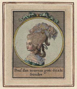 Frau in einem neuen Stil von Pouf namens Stradre. Pouf mit einem neuen Geschmack namens Stradre. Handkolorierter Kupferstich von einem unbekannten Künstler aus einem Album modischer Frisuren von 1783, Suite des Coeffures à la Mode en 1783, Enauts et Rapill