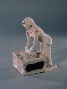Frau, die Brot auf einer quadratischen Platte knetet, Griechisch, aus Aulis, ca. 500-475 v. Chr. von Unbekannt