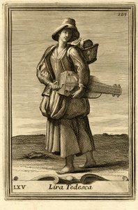 Frau spielt das alte Rad (oder "Lira tedesca" oder "ghironda"). In "Gabinetto Armonico" von Filippo Bonanni, Rom von Unbekannter Künstler