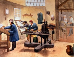 Werkstatt eines Druckers, Ende des 19. Jahrhunderts (Illustration)