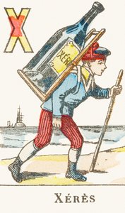 X : Xeres, ein Junge trägt eine große Weinflasche auf dem Rücken - Spiele-Alphabet, um 1890 (Gravur) von Unbekannt