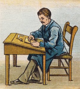 Xylograph in seinem Atelier. Gravur in "Alphabet de ma petite fille". Bernardin-Bechet und Fils, Buchhändler-Verleger, Paris, um 1895.