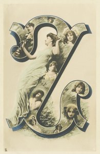 Z: Foto-Porträt einer Frau in einem langen blauen Tuch, mehrere Büsten von Frauen im Buchstaben - Alphabet Porträts von Frauen. A. L. Herausgeber