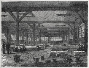 Glasfabrik: Herstellung eines Spiegels, ca. 1880 (Gravur)