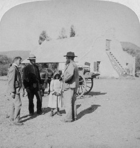 Interview mit einem Burenbauern in seinem Haus bei Brandfort, Südafrika, Burenkrieg von Underwood and Underwood