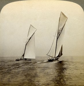 Shamrock I und Shamrock III in einem Proberennen vor Sandy Hook, USA von Underwood and Underwood