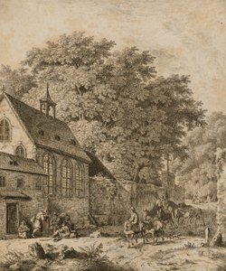 Landschaft mit Kirche und Bauern