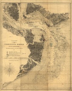 Charleston Hafen und seine Zugänge mit den Positionen der Rebellenbatterien von United States Coast Survey